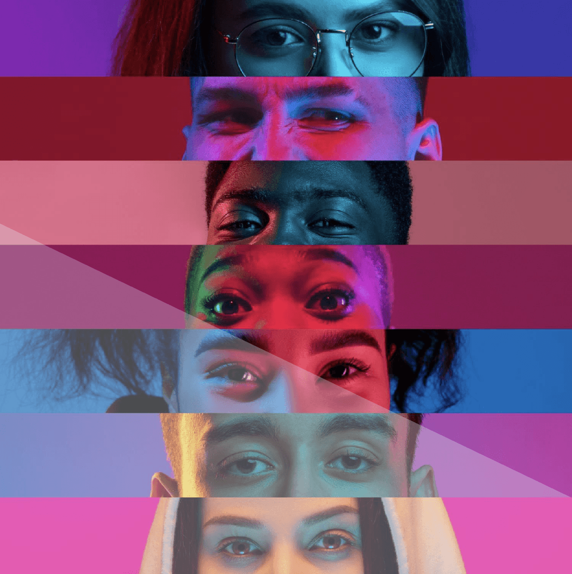 a colorful graphic of multiple people's eyes