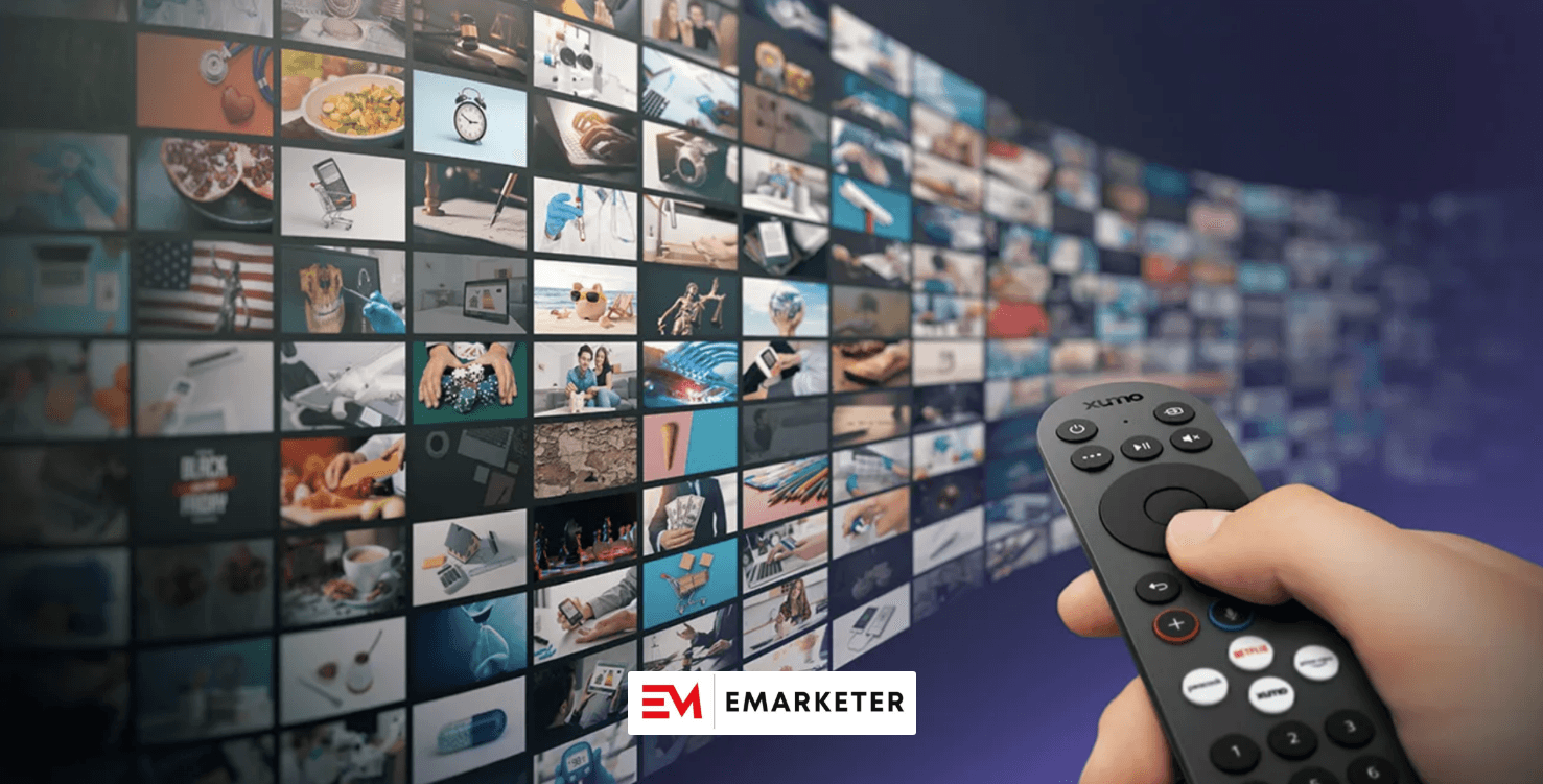 hand holding tv remote with hundreds of small televisions showing different content