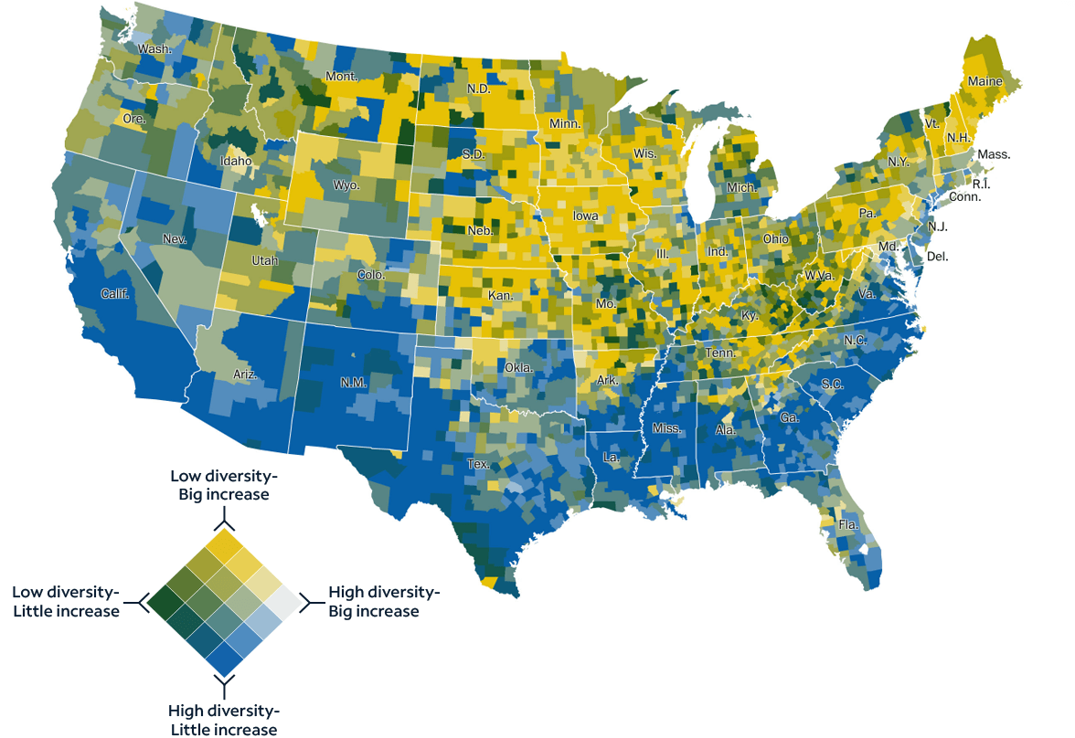 US map displaying change in diversity since 2000