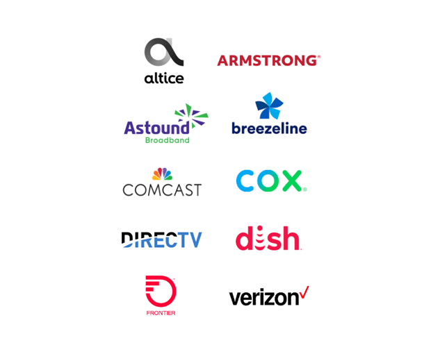 Logos of affiliate cable provider include Altice, Armstrong, Astound, Breezeline, Comcast, Cox, DirectTV, DISH, Frontier, and Verizon.