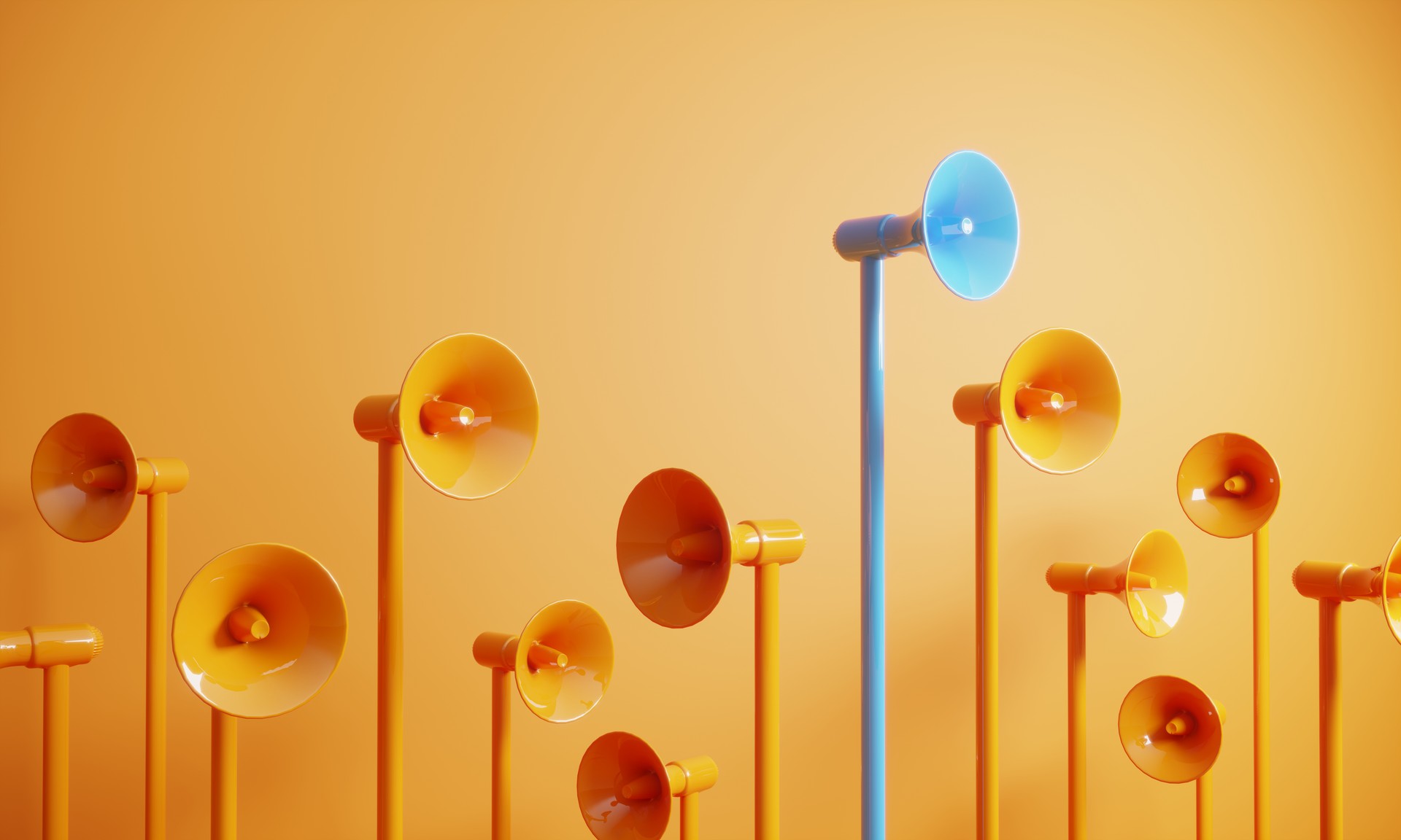 many megaphones on long sticks